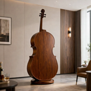 Wooden cello on a stand in a stylish room with decor elements, Obroi