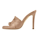 Women's Square Toe Black Thin High Heels Slip On Sandals