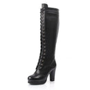 Black knee-high boot with lace-up design on a white background, Obroi