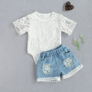 Infant Newborn Baby Girls Summer Clothes Sets White Lace Flowers Bodysuits Top + Elastic Denim Shorts 2PCs Outfits