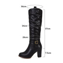 Boots Women Black Shoes Female Buckle Pleated Leather Block Heel Long Riding Boots Women