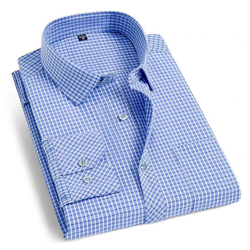 Men's Shirt Long Sleeve Blue Jacquard Plaid Man Shirts Business Formal Button Up Clothing Patch Chest Pocket