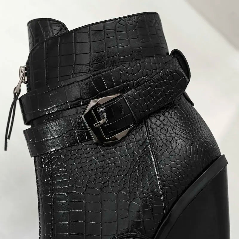 Women Western Boots High Heel Ankle Boots Buckle Zipper Motorcycle Boots Autumn Winter Boots