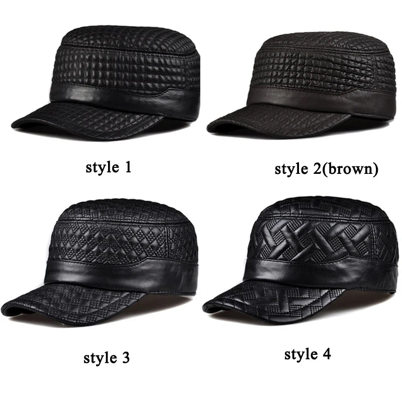 Men's Leather Hats Autumn/Winter Genuine Flat Top Military Caps Male Embroidered Warm