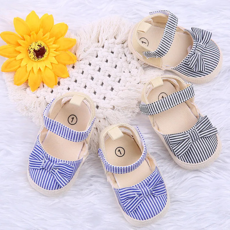 Summer Newborn Infant Baby Boys Girls Shoes Non-Slip Canvas Stripe Bowknot Toddlers Infantil Sandals