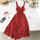 Women Vintage Dot Dress Summer Sleeveless Spaghetti Red A-line Dresses Ladies Beach Long Robe