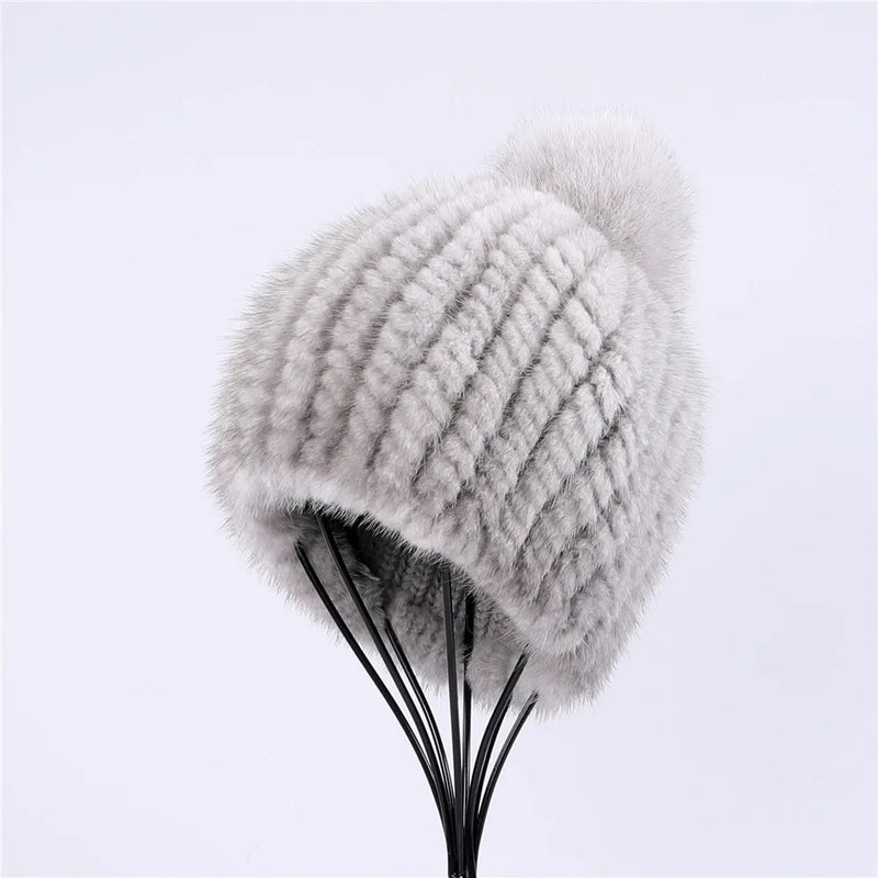 Fur hat women winter knitted beanie Girls cap with fox female cap Elastic