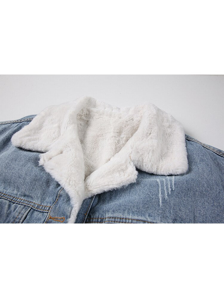 Women Lamb Wool Jean Jacket Vintage Single Breasted Fleece Denim Coat Winter Casual Warm Thickened Jackets