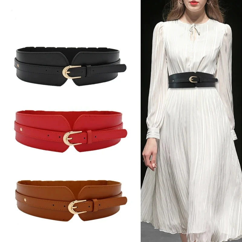 Designer Leather Wide Elastic Waistband for Women Chic Dress Coat Waist Belt Band