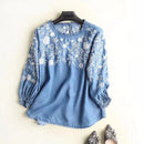 Embroidery Denim Blouse Women Soft Jeans Blouses Ruffles Casual Shirt Top