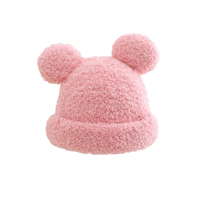 Winter Baby Lovely Hat Cute Solid Color Fuzzy Double Pompom Hats For Kids Thick Warm Soft Beanie Fur Ball Girls Boy Cap