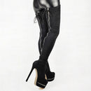 Black suede over-the-knee high-heeled boots on a white background, Obroi
