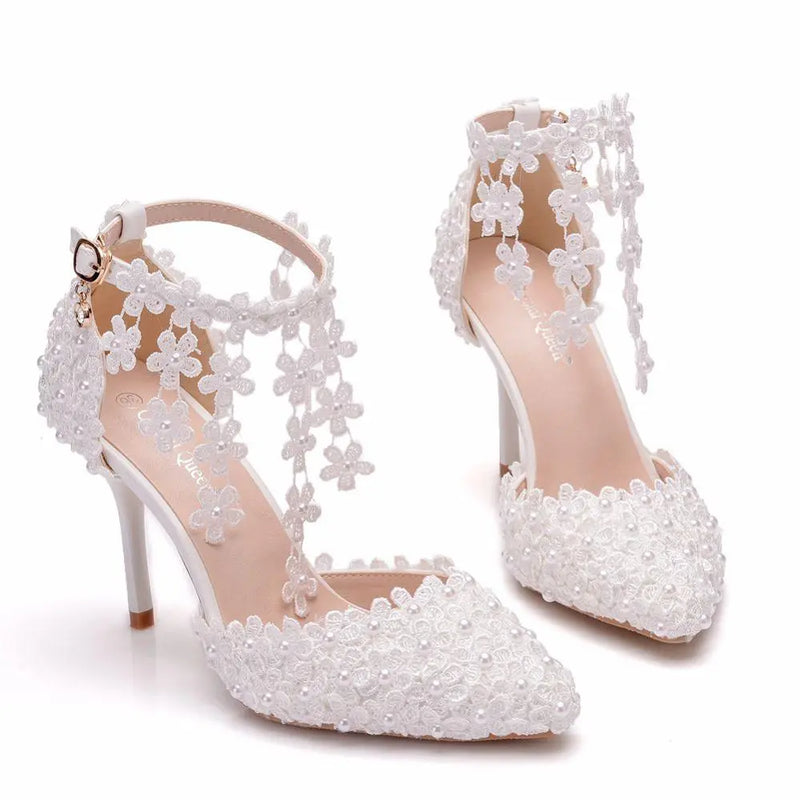 Crystal Queen Rhinestone Pointed Toe Women High Heels Flower Lace Ankle Strap Sandals Pearl Decoration Party Wedding Shoes