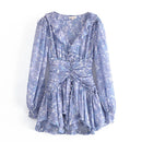 Summer Ｗomen Ruffle V Neck Long Sleeve Floral Print Boho Short Dress Ladies Vintage Fairy Robe Holiday Vestido