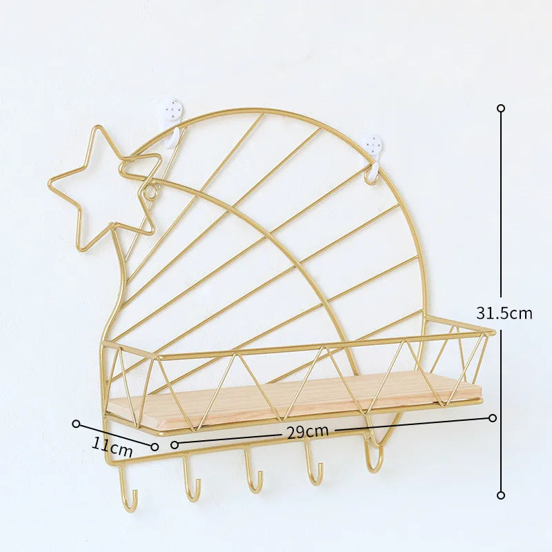 Iron And Wooden Storage Basket With Hook Nordic Key Holder Wall Hanging Hanger Home Decoration