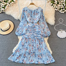 French Elegant Chiffon Dress Women Spring Autumn Puff Sleeve Sweet Floral Print Beach Dresses Ladies Bodycon Boho Dress