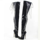 Black patent leather over-the-knee boots with clear lace-up design on a white background, branded 'Obroi'.