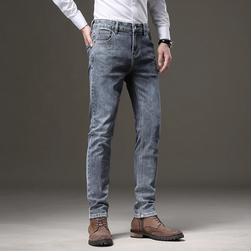 Autumn Men's Slim-fit Stretch Jeans Business Denim Pants Male Brand Trousers