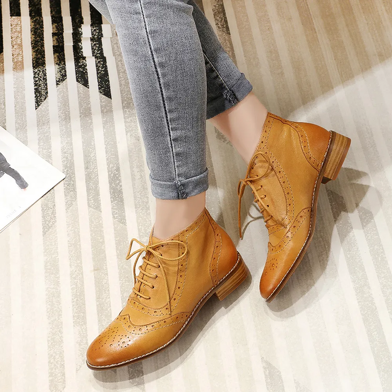 Women Genuine Leather Brogue Boots and Booties Oxford Shoes