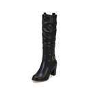 Boots Women Black Shoes Female Buckle Pleated Leather Block Heel Long Riding Boots Women