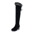 Natural Fur Winter Boots Women Knee High Long Boots Square Heel Winter Shoes Woman Waterproof Rubber Sole