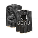 Pair of black leather gloves with fingerless design on a white background, Obroi