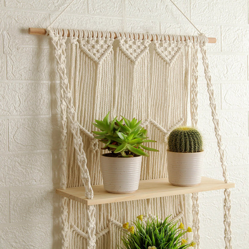 Hand-Woven Macrame Tapestry Rack Wooden 2 Shelves Wall Hanging For Bohemian Decoration Boho Decor Ornament