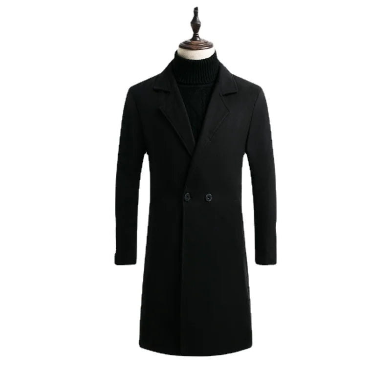 Autumn Winter Men's Woolen Coat Wool Warm Stand Collar Long Sleeve Trench Jacket