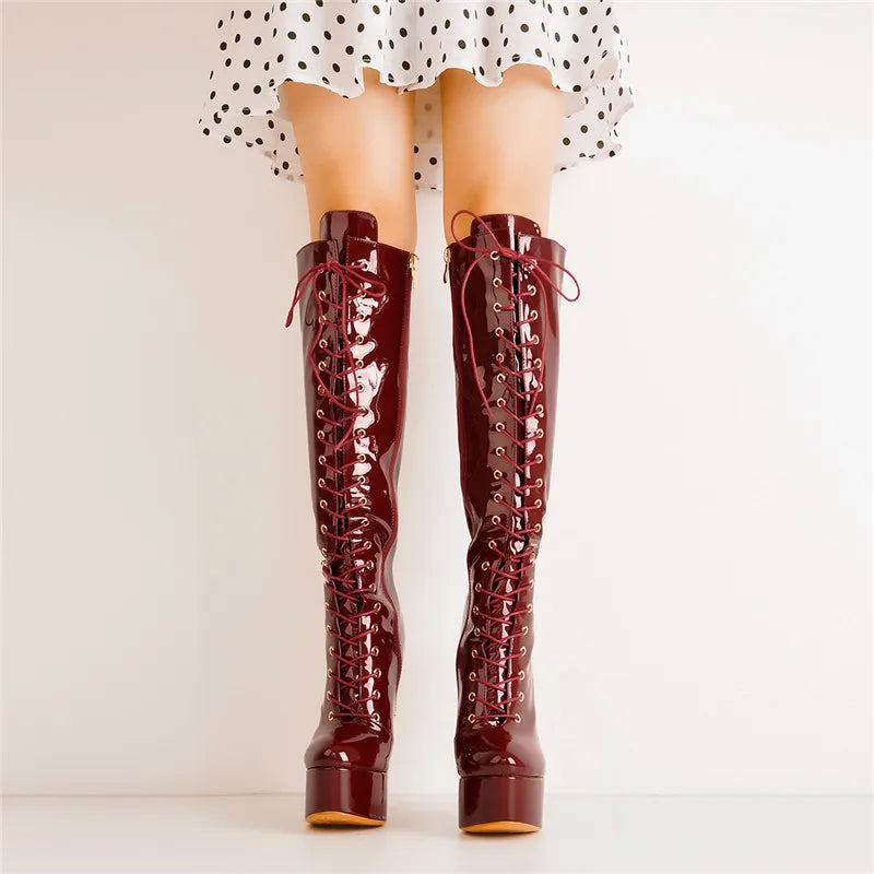 Women Platform The Knee High Boots Front Lace-Up Thin Heel Stiletto Stretch Big Size Winter Woman Boots