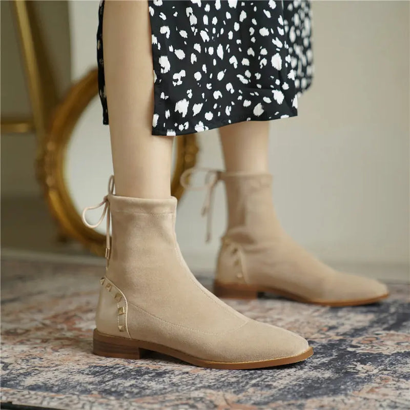 Winter Women Plush Ankle Boots Beige Stretch Casual Lady Square Toe Low Block Heel Lace Up Rivet Short Boots