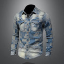 Men Denim Shirts Vintage Embroidery Patchwork Denim Shirts Casual Cotton Shirts for Male