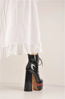 Women Round Toe Platform Lace Up High Heel  Black Ankle Boots For Winter
