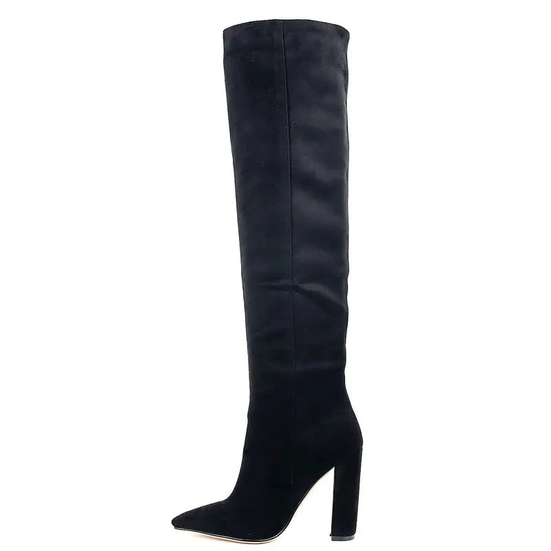 Women Boots Flock Leather Knee High Boots Slip On Autumn Winter Boots Shoes