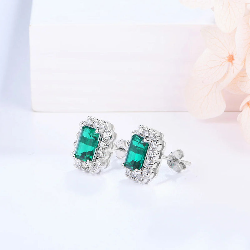 Sterling Silver rhodium plating Octagon Cut Emerald Zircon Diamonds Gemstone Stud Earrings Fine Jewellery
