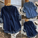 Women's Denim Blue Shirts Autumn Blouse Casual Button V Neck Long Sleeve Tops Jean Tunic
