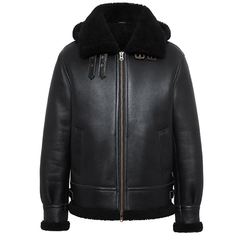 Shearling Jacket Mens Detachable Hooded Bomber Jacket Men Shearling Fur Coat