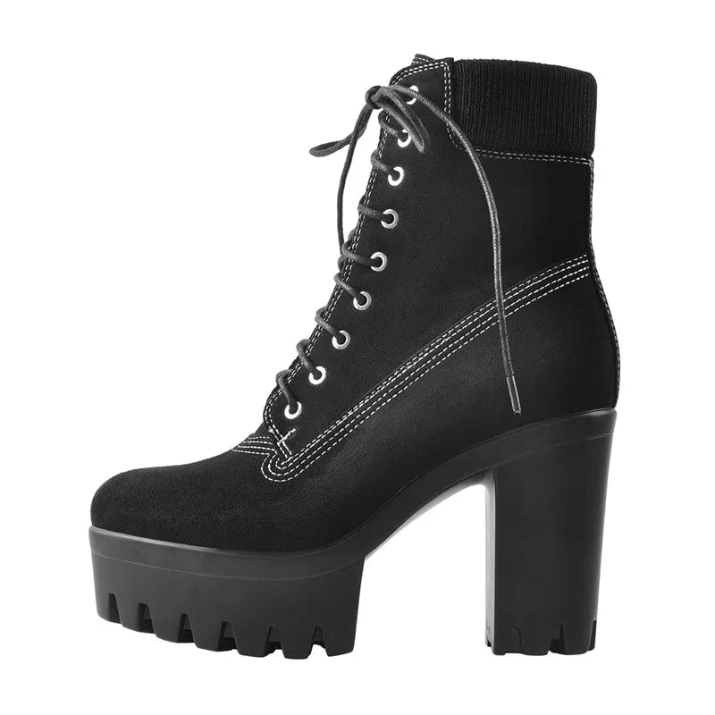 Women Round Toe Lace Up Platform Ankle Boots Short Female Boots