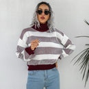 Vintage Pullover Women Striped Sweater Autumn and Winter Turtleneck Sweater Knitted Jumper Lantern Long Sleeve Casual Top