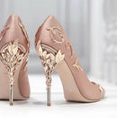 Bride Silver Metal Leaves Decor Pumps Women Shoes Pointed Toe Banquet Dress Shoes