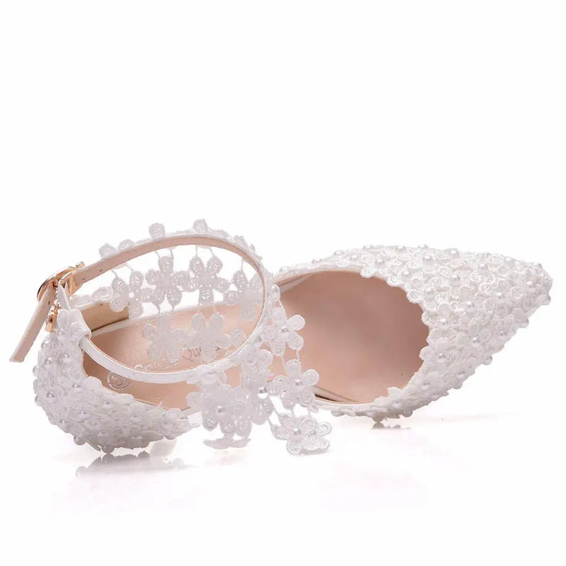 Crystal Queen Rhinestone Pointed Toe Women High Heels Flower Lace Ankle Strap Sandals Pearl Decoration Party Wedding Shoes
