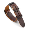 Brown leather watch strap with black buckle on a white background, Obroi