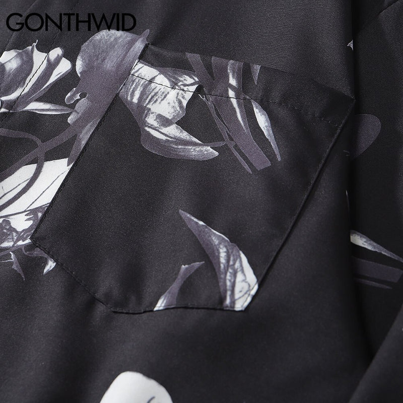 Hawaiian Beach Shirts Graffiti Flowers Long Sleeve Button Shirts Hip Hop Casual Holiday Party Blouse