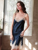 Women Silk Nightwear Lady Night Dress Lace Blue Red Nighties