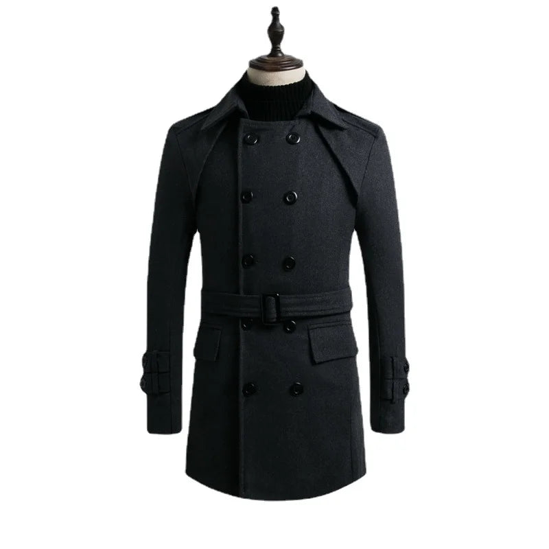 Winter Men's double-breasted Middle Long Scarf Collar Cotton-padded Thick Warm Woolen Coat Male Trench