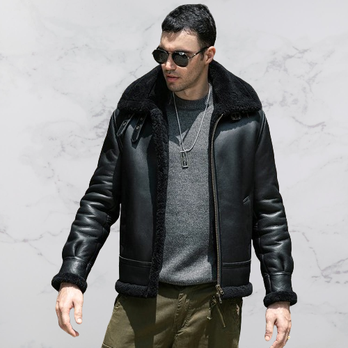 Shearling Jacket Mens Detachable Hooded Bomber Jacket Men Shearling Fur Coat