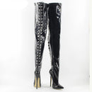 Black patent leather over-the-knee boots with clear side panels and gold accents on a white background, Obroi