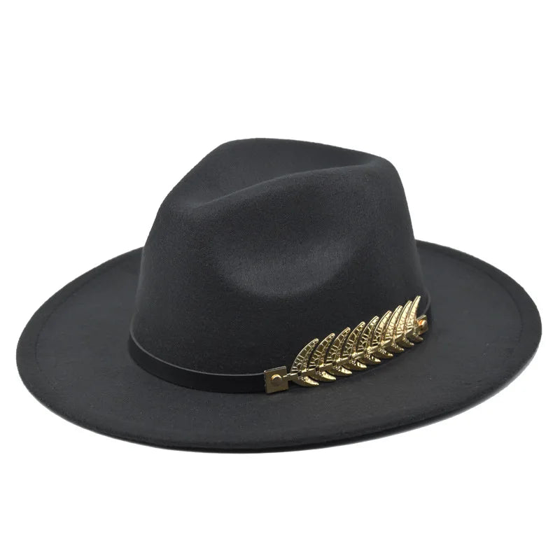 Fedora bowler hat Metal leaf belt autumn winter woolen felt hat panama woolen jazz hat