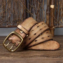 Men 3.8cm Wide Double Breasted Belt Double Prong Buckle Handmade Heavy Duty Belt Jeans Belt