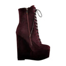 Women Burgundy Round Toe Lace-up Wedge High Heels Ankle Boots Winter