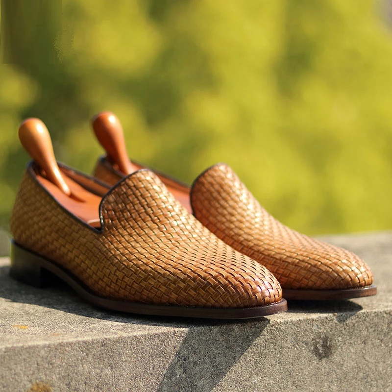 handmade loafer woven knitted leather sole shoes for men social shoe male classic shoes men elegant mens loafer